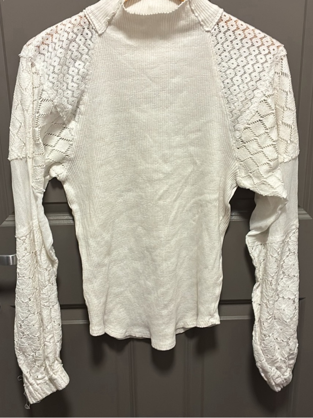 Free People White Long Sleeve Lace-Detail Top
